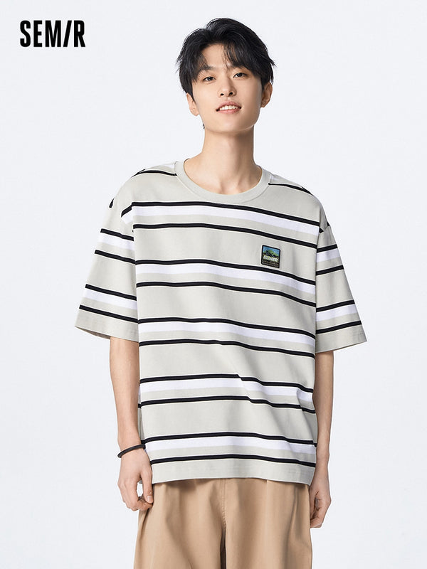 Men's 100% Cotton Single Jersey Colorful Striped Round Neck Short Sleeves T-Shirt