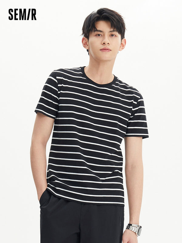 Men's 100% Cotton Drawstring Single Jersey Striped Round Neck Short Sleeves T-Shirt