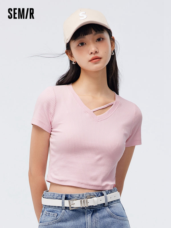 Women's Knitted V-Neck Short- sleeve T-Shirt