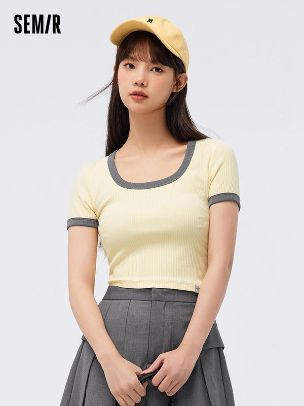 Women's Knitted Round Neck Short Sleeves T-Shirt