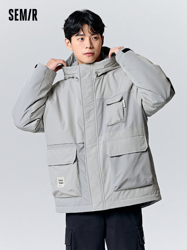 Men's gray mid-length thick cotton coat