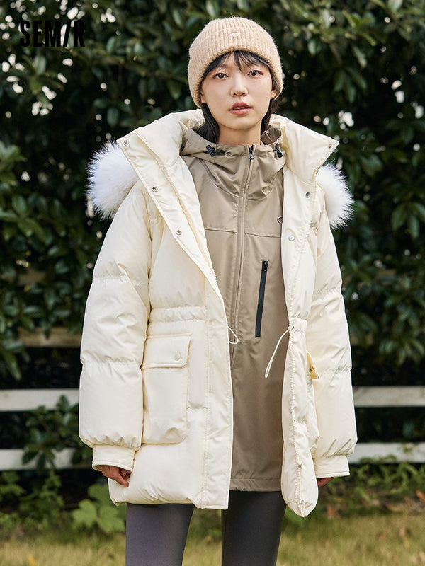 Women's milky white medium length thick down jacket