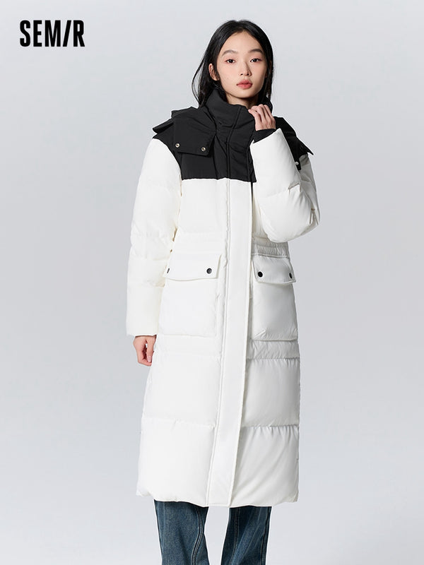 Women's black and white long thick down jacket