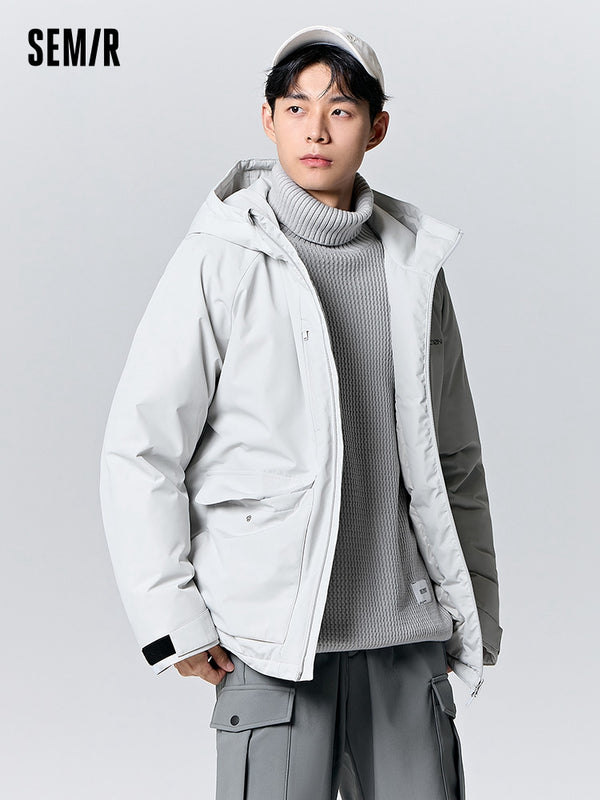 Men's light gray mid-length thick down jacket