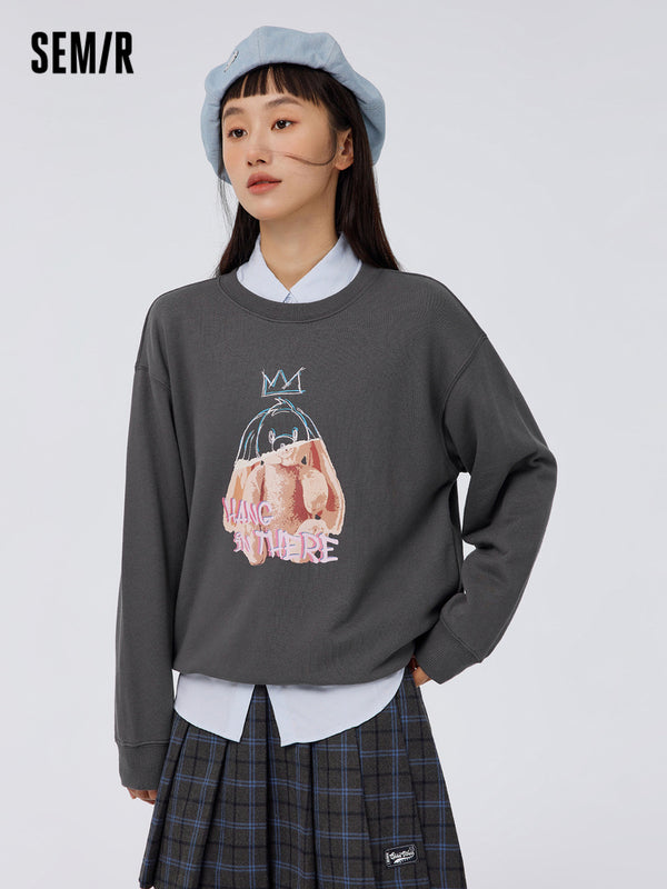 Women's 310g French Terry Bunny Digital Print Loose Crew Neck Sweatshirt