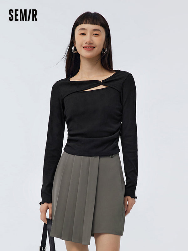 Women's Draping Ribbed Asymmetrical Cutout Short Slim Long-Sleeve T-shirt