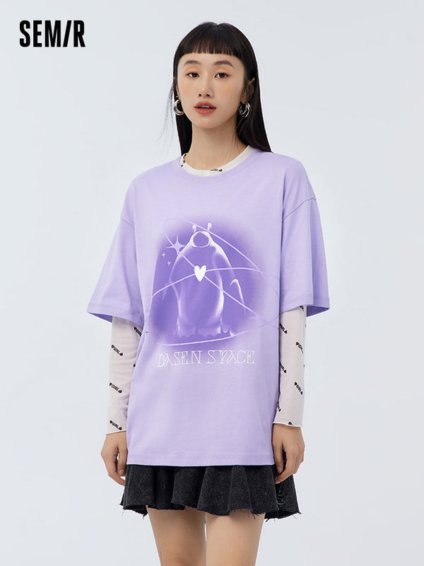 Women's 190g Single Jersey luminous Printed Big Semir Graphic Loose Crew Neck Short-Sleeve T-shirt