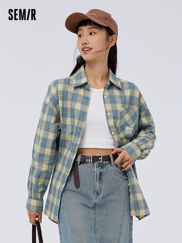 Women's 100% Cotton Yarn-Dyed Plaid Loose Long-Sleeve Shirt