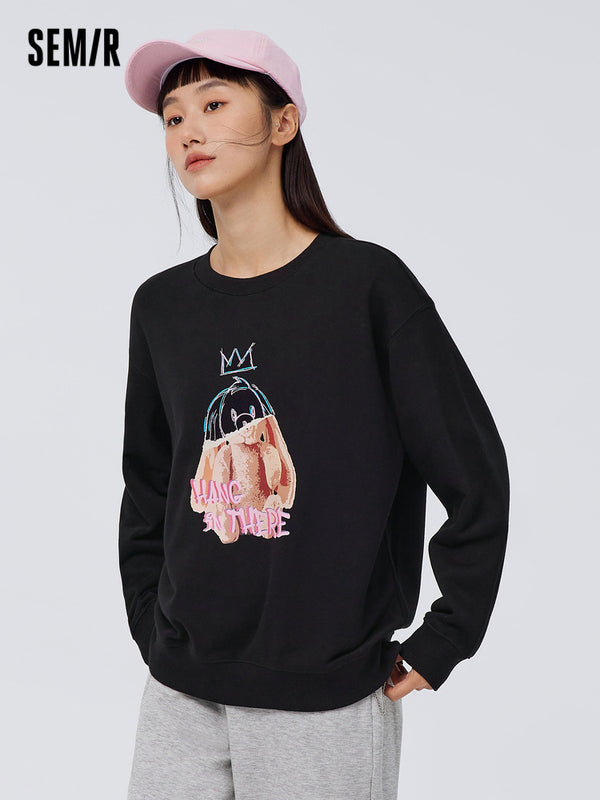 Women's 310g French Terry Bunny Digital Print Loose Crew Neck Sweatshirt