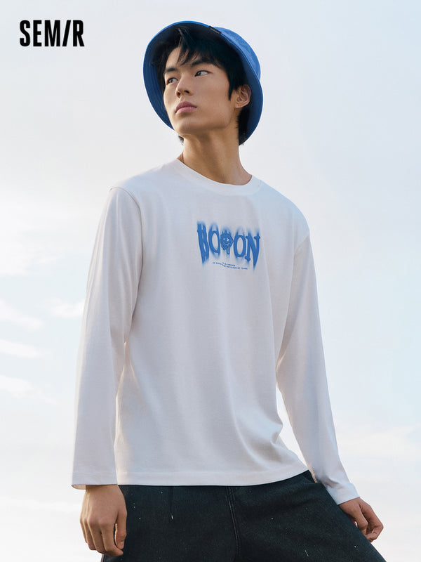 Unisex's 100% Cotton Double-Yarn Single Jersey Monogram Loose Crew Neck Long-Sleeve T-shirt