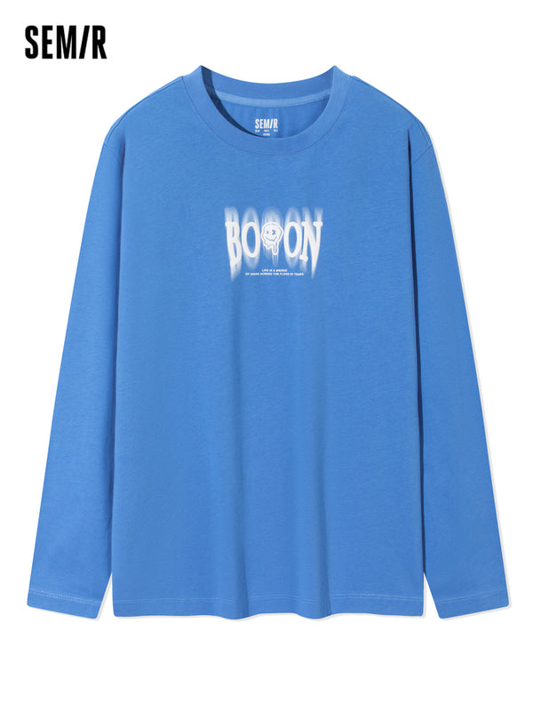 Unisex's 100% Cotton Double-Yarn Single Jersey Monogram Loose Crew Neck Long-Sleeve T-shirt